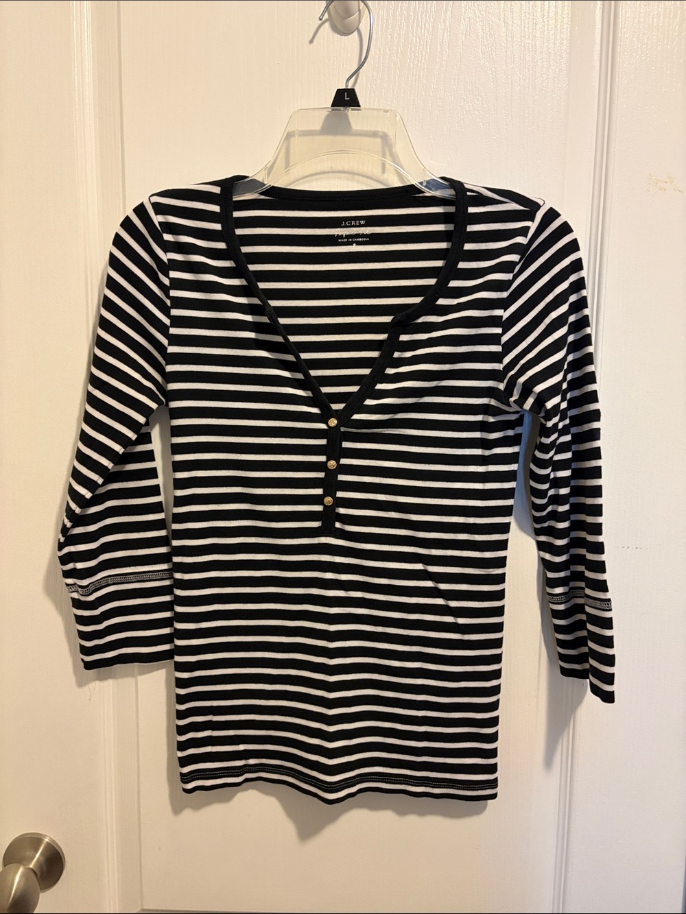 J. Crew Black and White Striped Henley 3/4-Sleeve Top